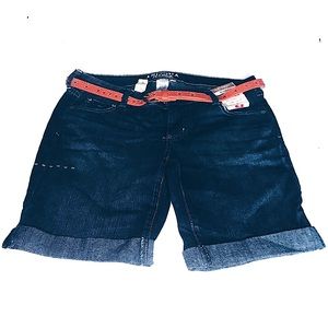 Arizona Jeans Bermuda Jean Cuffed Dark Blue Wash Shorts with Orange Belt NWT